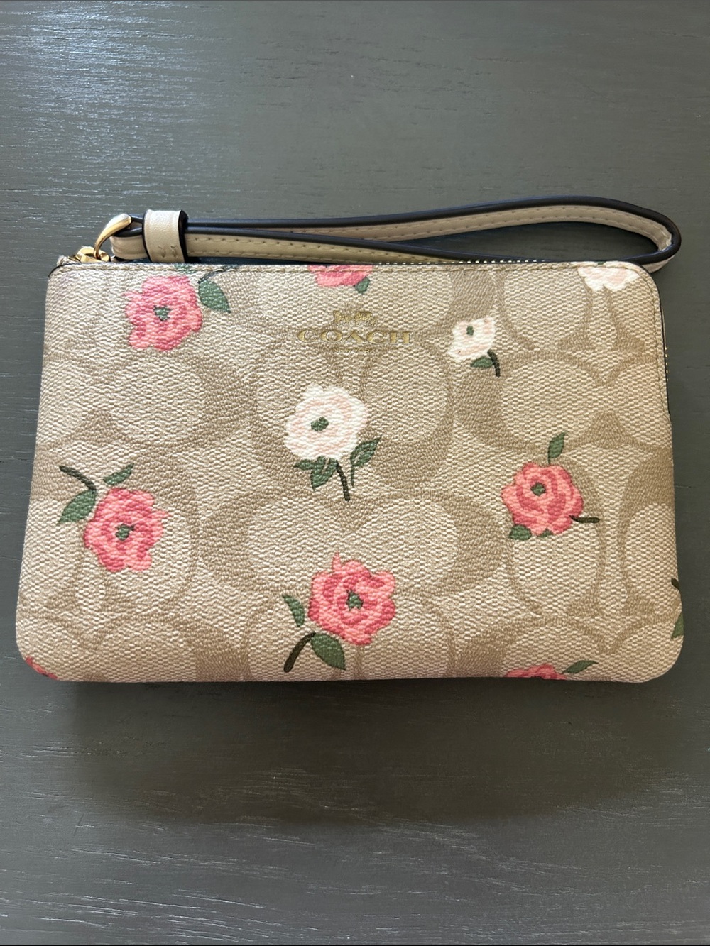 Coach Beige Signature Floral Wristlet with Pink Roses